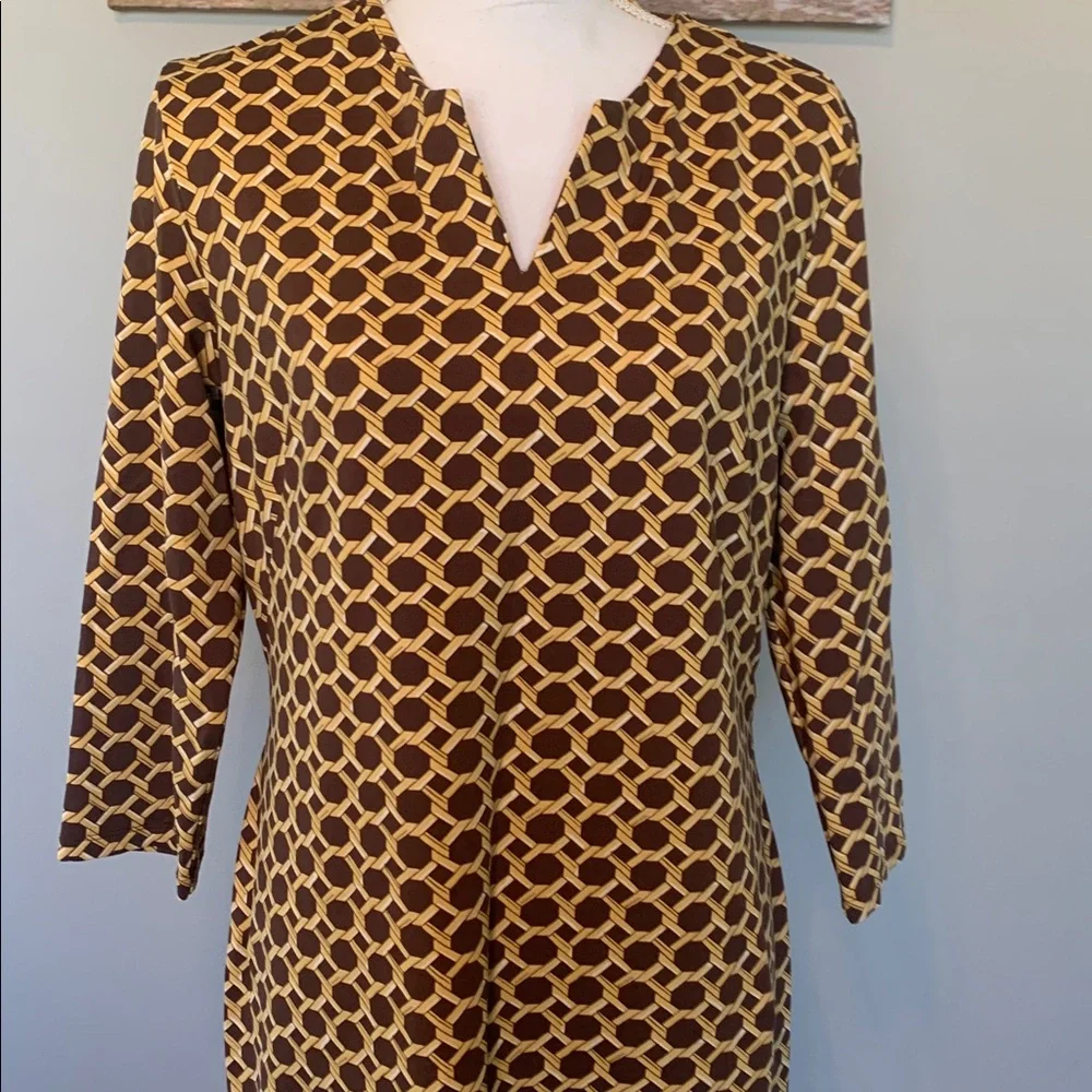 J. McLaughlin Brown and Mustard Geometric Long Sleeve Shift Dress size XL - Picture 2 of 11